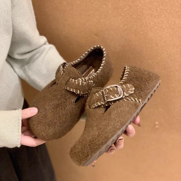 复古勃肯鞋女2025新款秋冬女鞋毛呢平底内增高舒适外穿单鞋高级感