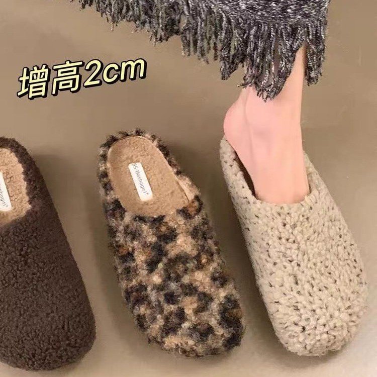 方叔厚底增高毛毛鞋女外穿2025新款秋冬加绒豆豆穆勒拖鞋保暖棉鞋