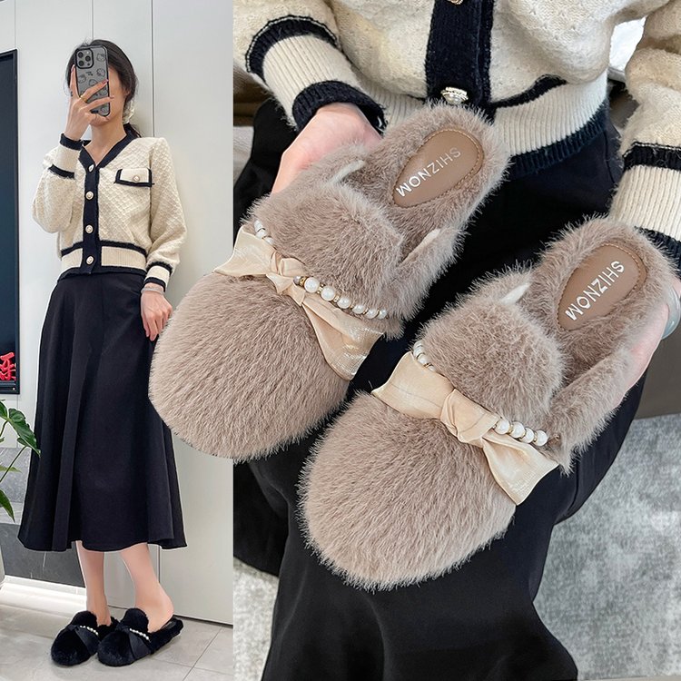 巨好看厚底加绒水貂毛包头半拖鞋女外穿2025新款秋冬天毛毛棉拖鞋