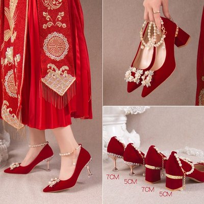 大码红色丝绒新娘鞋禾秀婚纱水晶鞋女不累脚秋冬伴娘鞋法式高跟鞋