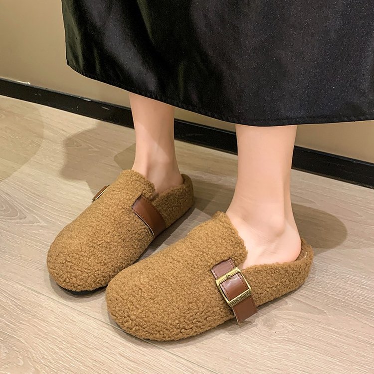 方叔厚底增高毛毛鞋女外穿2025新款秋冬加绒豆豆穆勒拖鞋保暖棉鞋