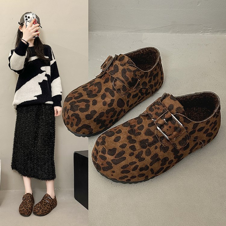 一脚蹬厚底加绒勃肯鞋女2025新款冬外穿豹纹增高懒人博肯毛毛棉鞋