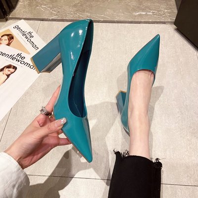 久站不累脚软底5cm高跟鞋女粗跟法式绝美配裙子蓝色漆皮浅口单鞋