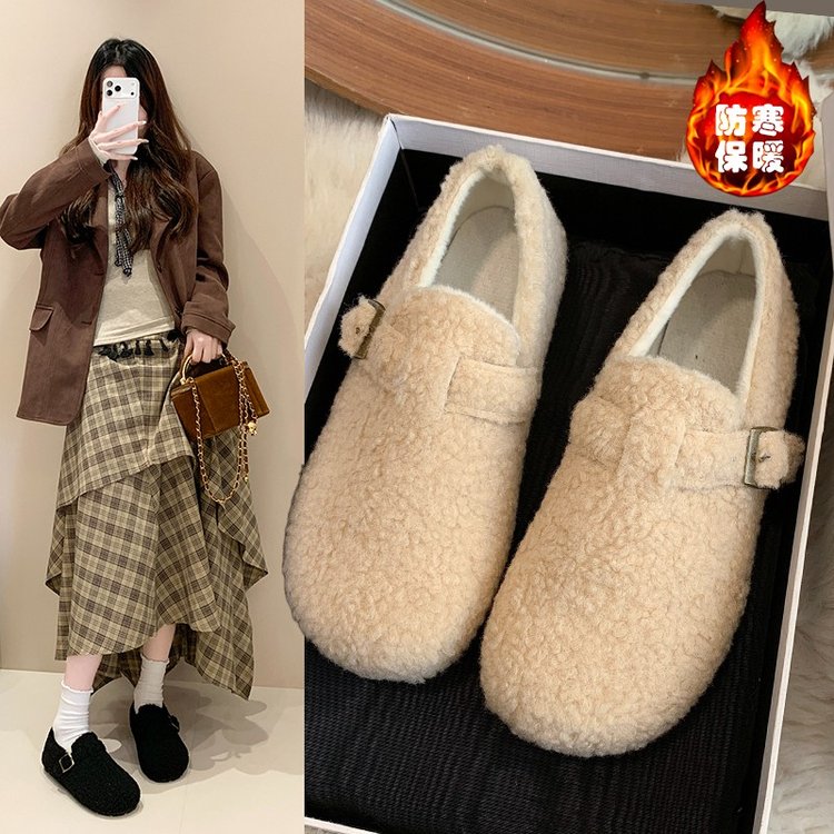 2025春季新款棉深口圆头2025年冬季单鞋一脚蹬橡胶平底低