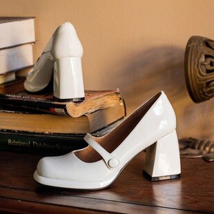 不累脚一字带白色高跟鞋女粗跟圆头jk玛丽珍婚鞋小个子伴娘礼服鞋