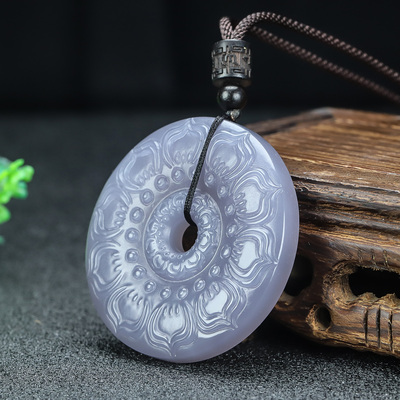 和田玉烟紫平安扣吊坠新疆玉仿古纹挂件双面雕刻莲花玉坠玉环玉扣
