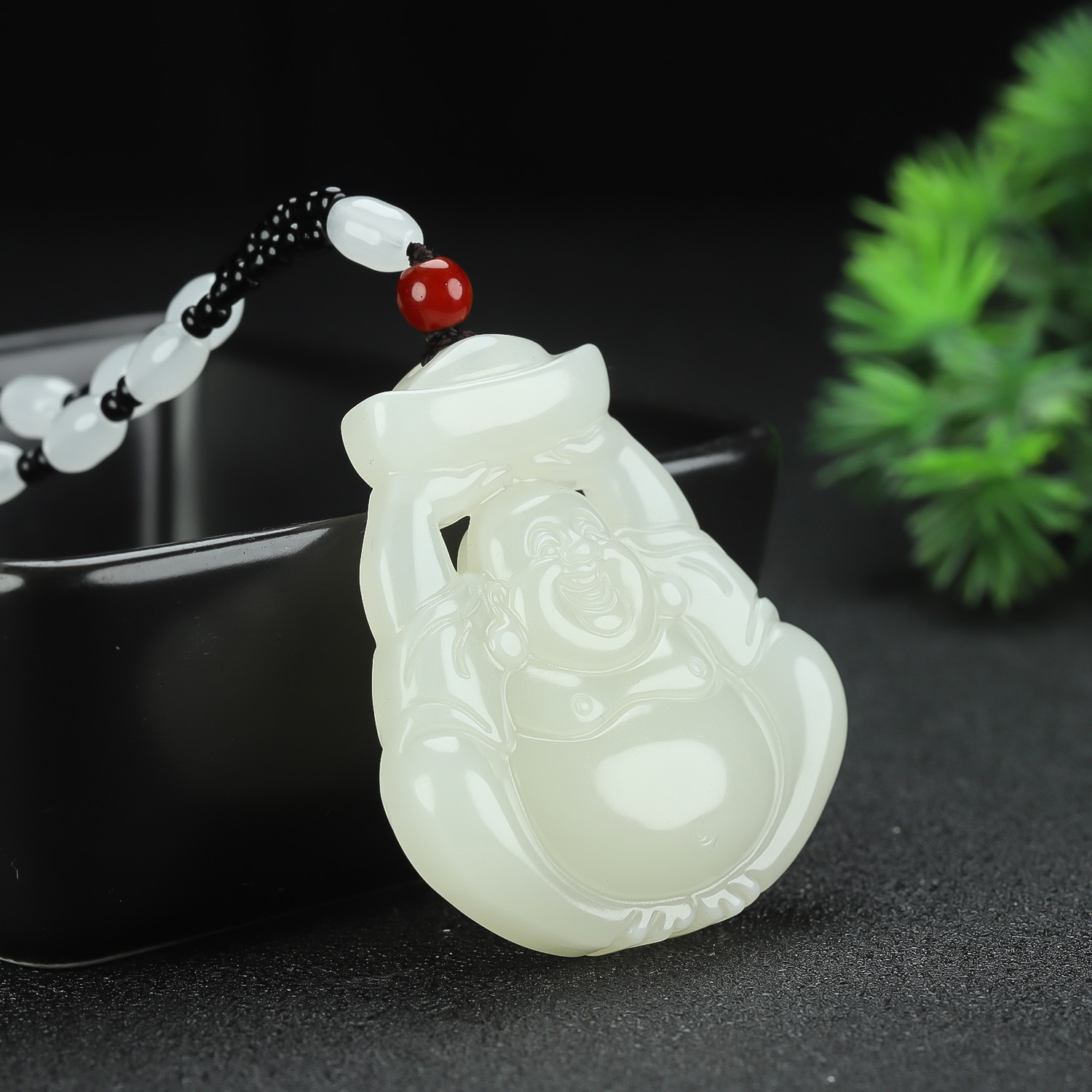 和田玉弥勒佛吊坠新疆青白玉元宝佛像挂件玉石镂空双面大肚佛项链