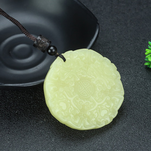 新疆和田玉仿古纹兽面平安扣吊坠黄口料福寿如意平安玉牌挂件玉坠