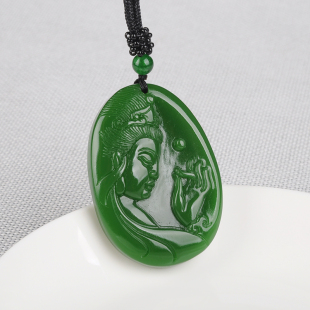 和田玉观音吊坠碧玉观音挂件玉牌菠菜绿玉保平安观音项链坠男女款