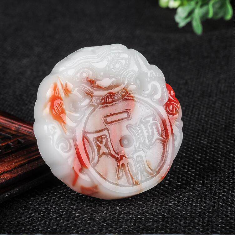 鸡血玉一帆风顺吊坠男女款金丝玉一帆风顺挂件和田玉平安牌玉佩