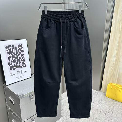 简约潮流系绳弯刀牛仔裤男士宽松休闲长裤黑色松紧腰弯刀牛仔裤潮