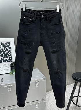 高街补丁泼墨修身潮牌小脚裤秋季