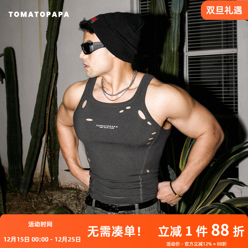 TOMATOPAPA美式背心2025春夏新款定制烧花破洞显身材训练健身运动