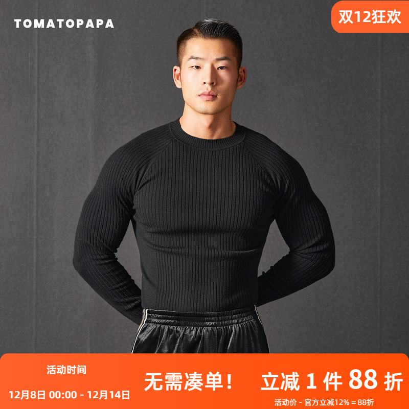 TOMATOPAPA男士毛衣圆领保暖针织衫修身打底长袖套头衫粗针肌理感