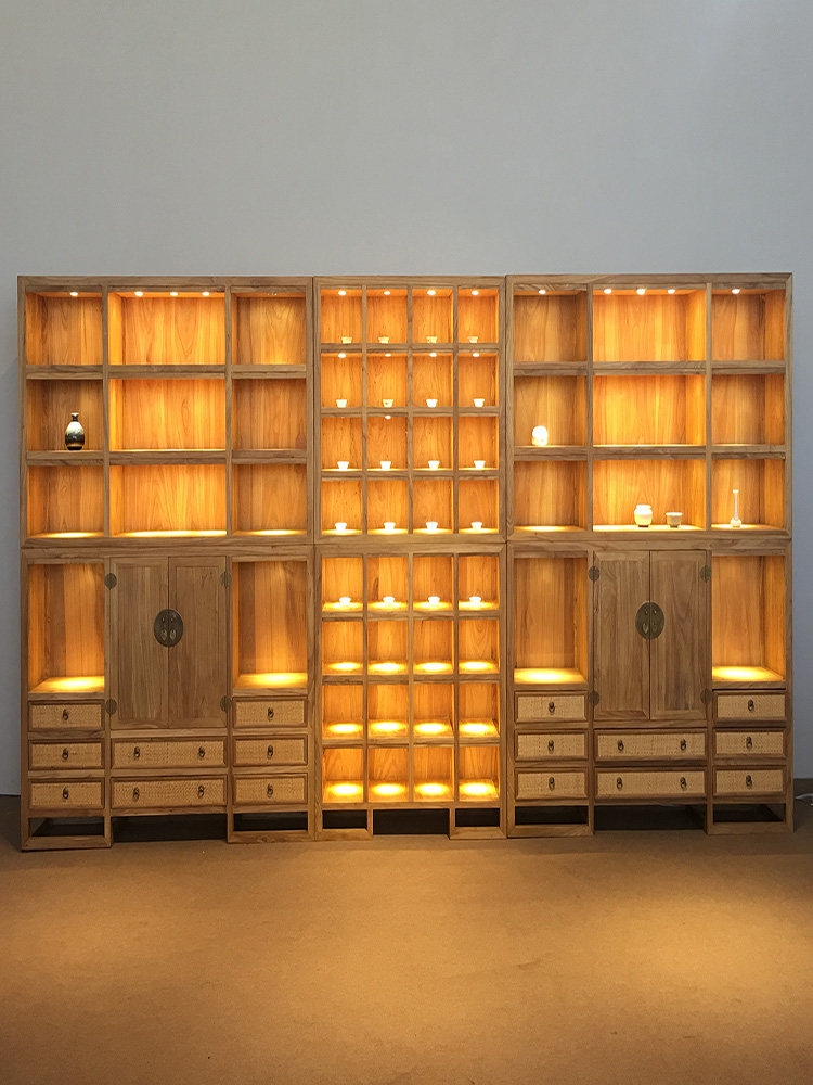 New Chinese display cabinet tea shelves with lamps modern Zen bookcase solid wood ancient shelf paint-free old elm display cabinet