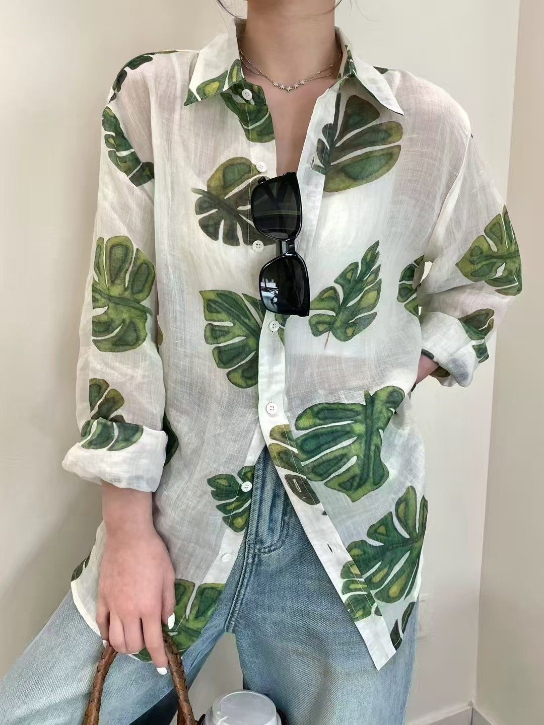 2025夏季新款复古法式树叶纺衫撞色印花衬衫女装百搭显瘦上衣女