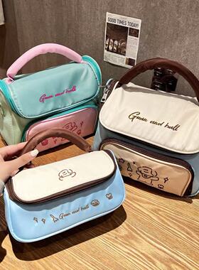 ins简约大容量手提收纳包学生高颜值文具笔袋PU便携洗漱包收纳袋