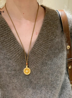 璞佐金店同款沙金点钻吉祥八宝罗盘吊坠项链可旋转毛衣链女送礼物