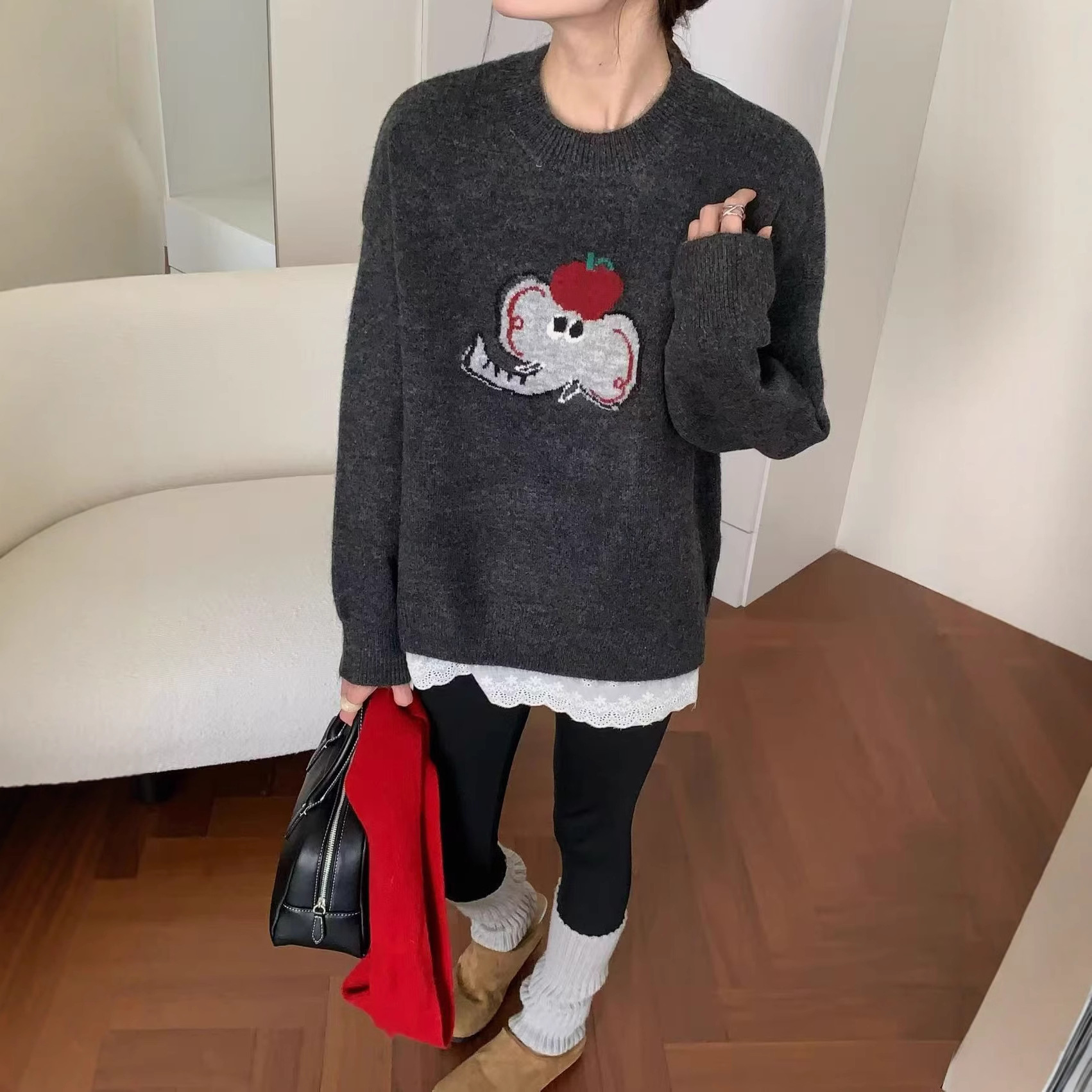 HR灰色动物图案短款牛绒针织毛衣女宽松显瘦秋冬韩版2025新款