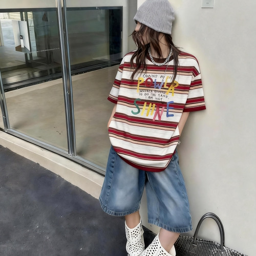 MTO十三行美式复古条纹印花短袖t恤女2026新款夏季宽松显瘦上衣潮