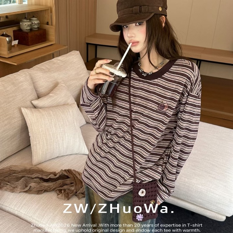 ZW卓娃正品复古撞色条纹无花果长袖T恤女韩系宽松显瘦上衣配包包图片
