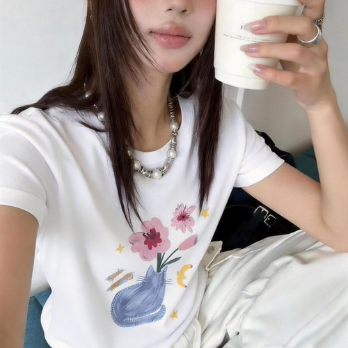 十三行小众可爱猫瓶印花短袖t恤女2026新款夏正肩修身短款上衣YH