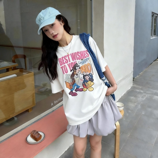 Eleven美式复古做旧卡通印花短袖T恤女2026新款夏宽松慵懒风上衣