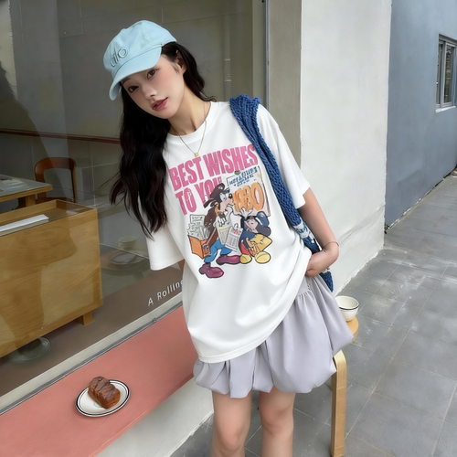 Eleven美式复古做旧卡通印花短袖T恤女2026新款夏宽松慵懒风上衣