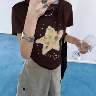 ZW卓娃韩版短袖T恤女2026夏新五角星印花正肩修身短款小个子上衣