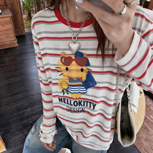 十三行长袖t恤女2026新款夏条纹HelloKitty印花薄款宽松防晒衣HW