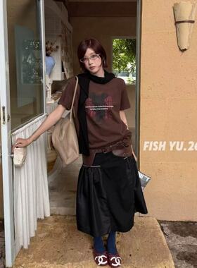 FISHYU秋季新款美式复古手绘素描米奇字母印花正肩圆领短袖T恤女
