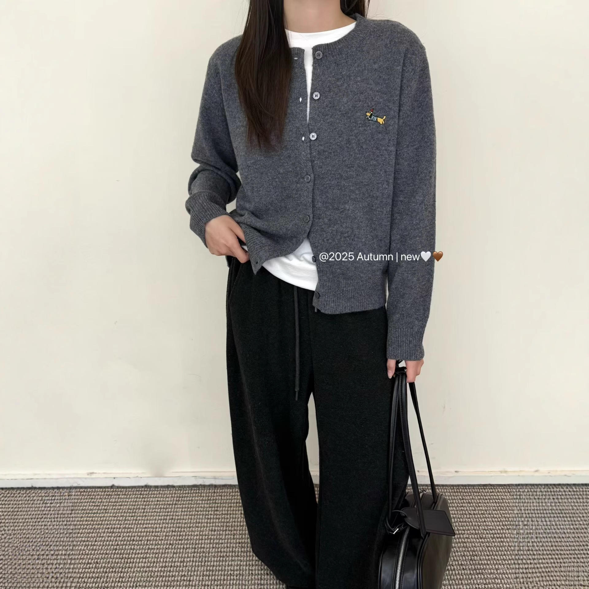 HR100%羊毛2025冬季新款羊毛衫女卡通腊肠狗刺绣时尚百搭毛衣外套