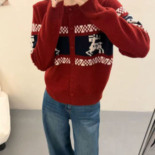 YZ2025秋冬新款圣诞麋鹿撞色毛衣开衫女过年红洋气百搭针织衫外套