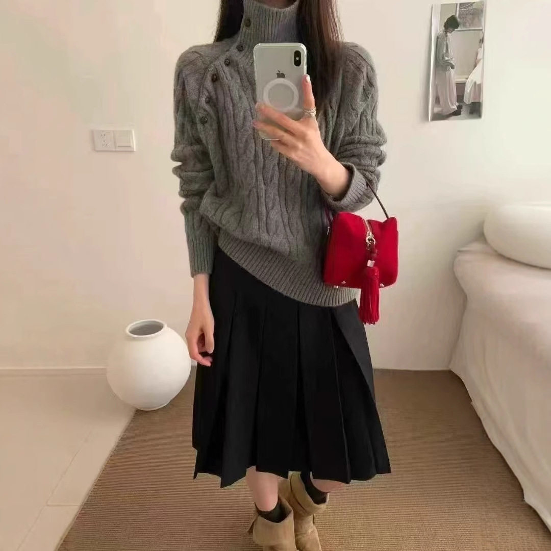 KJ斜开扣高领套头毛衣女冬季新款时尚气质可翻领麻花纯色加厚针织