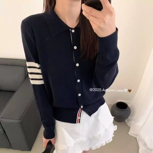 HR学院风翻领四道杠袖软糯羊毛针织开衫女2025新欧货显瘦减龄毛衣