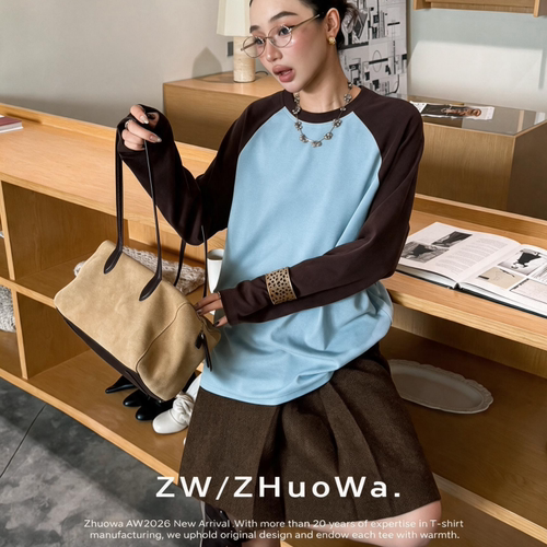 ZW卓娃正品后背字母印花插肩长袖T恤女早秋撞色宽松打底上衣33839