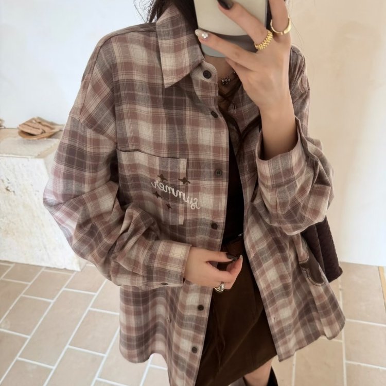 ZW卓娃正品复古粉棕格子衬衫女秋飞鸟贴布宽松慵懒衬衣外套36007图片