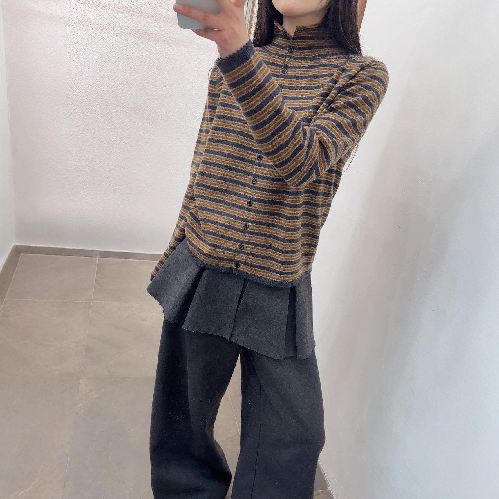 ZYD100%羊毛冬季单排扣立领针织开衫复古撞色条纹休闲毛衣外套女