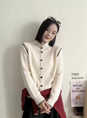 韩版撞色高领单排扣羊毛开衫2025冬季新款女高级感气质百搭毛衣YZ