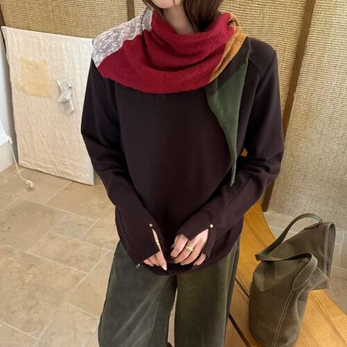 ZW卓娃正品复古拼色三角巾磨毛袖口开叉女秋冬新品宽松长袖T33231
