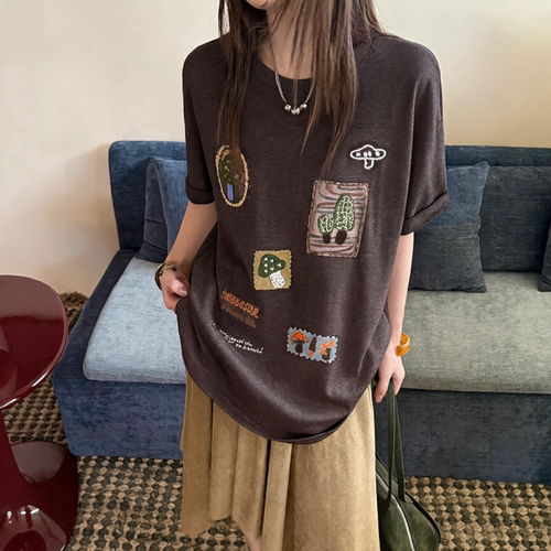 ZW卓娃正品复古邮票蘑菇仙人掌印花短袖T恤女宽松大版早秋上衣