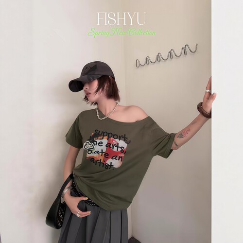 斜肩字母印花印花长袖T恤女2026新款夏季辣妹风宽松露肩上衣YU