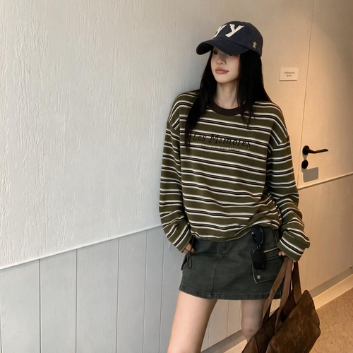 KTX卡缇秀韩系美拉德复古条纹字母下摆抽绳女早秋慵懒风百搭上衣