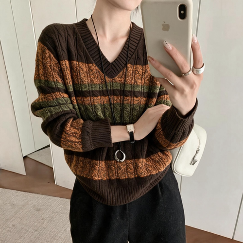 HR复古美拉德色系条纹麻花女2026秋冬新款宽松慵懒风显瘦百搭毛衣