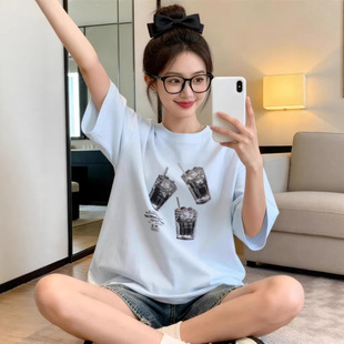 冰美式印花烫钻浅蓝色T恤女2026夏新款韩版宽松休闲百搭短袖上衣