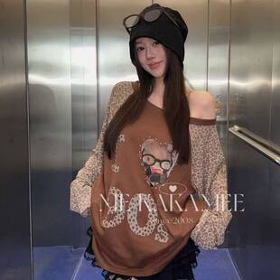 KAKAMEE秋款美式复古豹纹猫咪印花定染插肩袖斜肩宽松大版T恤