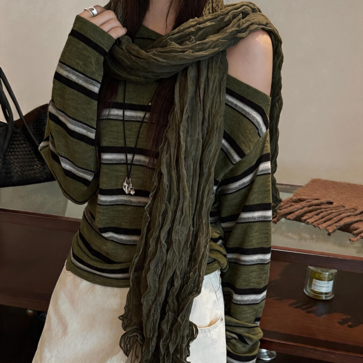 M77Y3韩系丝巾围脖条纹针织衫T恤女26秋款宽松时尚减龄斜肩上衣潮