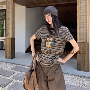 KTX卡缇秀条纹猫头鹰印花短袖T恤女早秋圆领撞色韩系休闲显瘦上衣