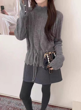 HZ韩系长袖半高领针织衫女设计感秋冬新款系带收腰打底宽松上衣女