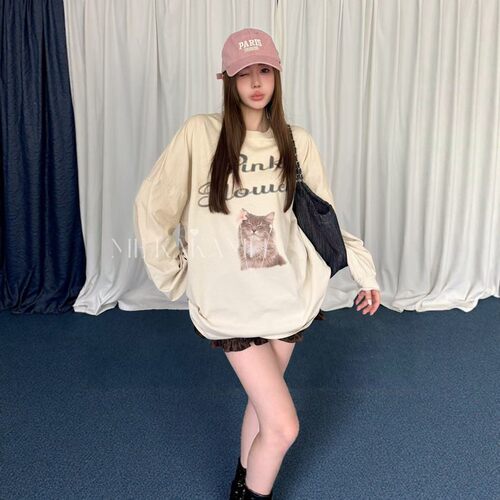 KAKAMEE秋季新款美式复古耳机猫咪彩喷圆领宽松大版长袖T恤女上衣